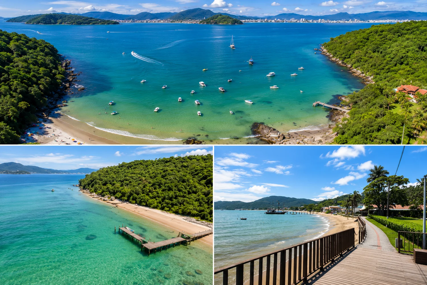 Composição visual do litoral com enseada, praia e orla de Porto Belo